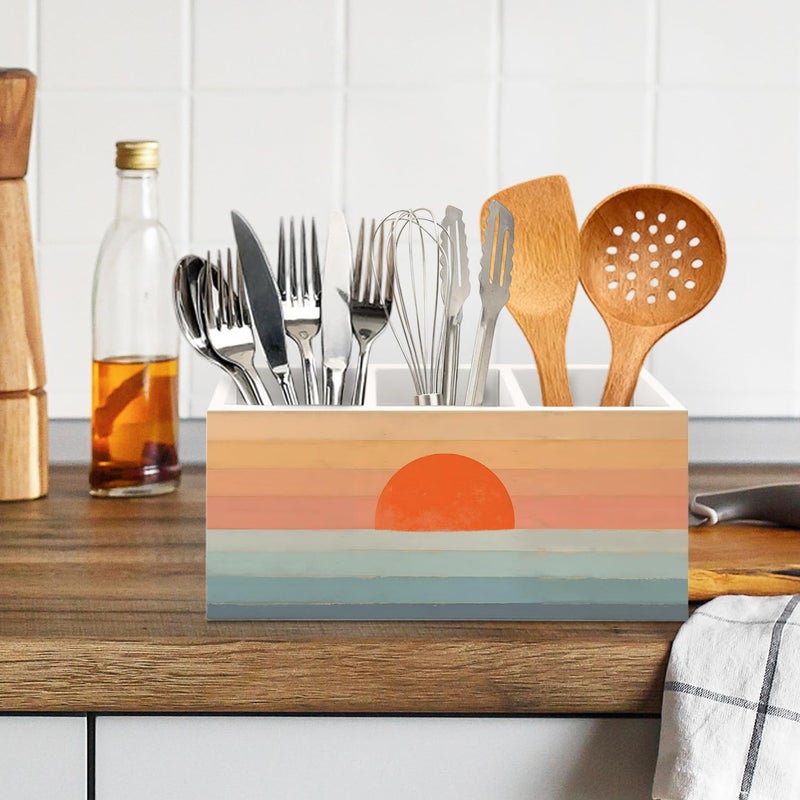 KBRCT 70s Retro Boho Sun Wooden Utensils Holder, Mid Century Modern Sunset Sunrise Wood Cooking Utensil Holder Organizer for Kitchen Countertop Counter Decor Accessories - Image 5